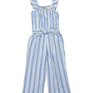 BCBG GIRLS | Blue & White Stripe Ruffle-Accent Tie-Waist Jumpsuit   NWT size 5